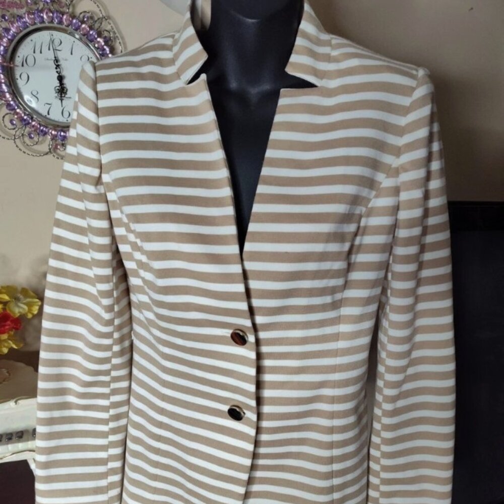 Calvin Klein White & Tan Striped Blazer Suit Jacket Women’s Size 2